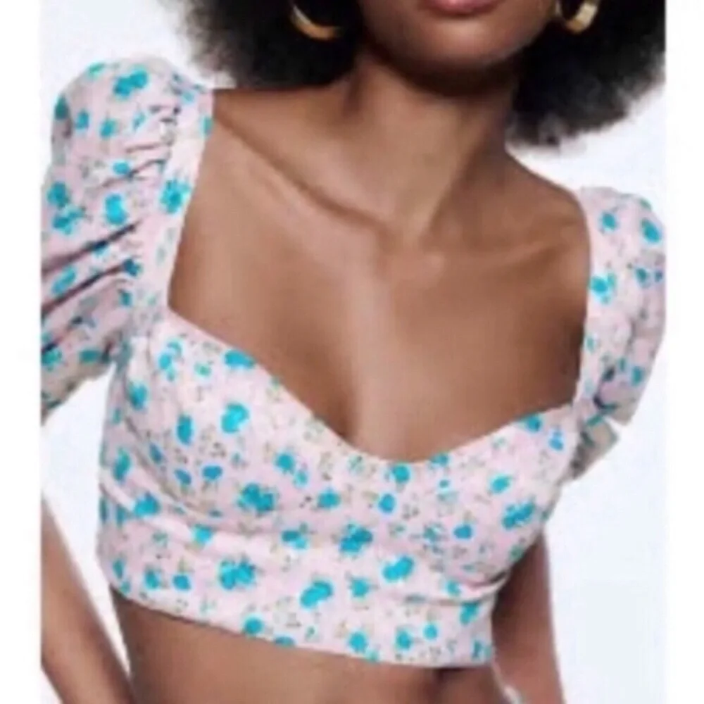 Zara White and Blue Puff Sleeve Crop Top - Picture 3 of 11
